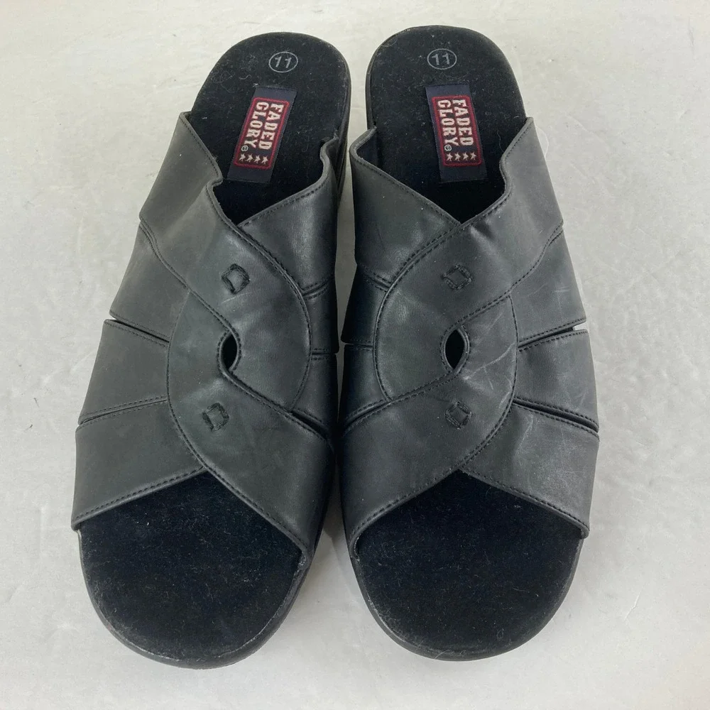 Vtg Y2K Retro Faded Glory Mae Black Wedge‎ Sandals Womens Sz 11 Slip On Slide